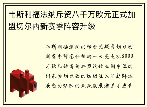 韦斯利福法纳斥资八千万欧元正式加盟切尔西新赛季阵容升级