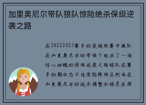 加里奥尼尔带队狼队惊险绝杀保级逆袭之路