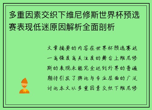 多重因素交织下维尼修斯世界杯预选赛表现低迷原因解析全面剖析