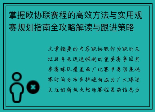 掌握欧协联赛程的高效方法与实用观赛规划指南全攻略解读与跟进策略
